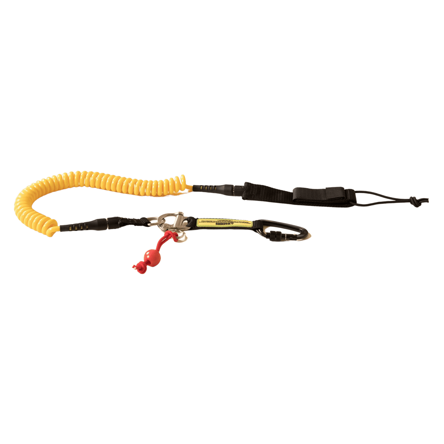 The SOL Paddle Boards Quick Release River Leash is a yellow coiled safety lanyard with a black strap, metal clip, and red plastic toggle—perfect for securing tools or gear while river surfing or paddle boarding.