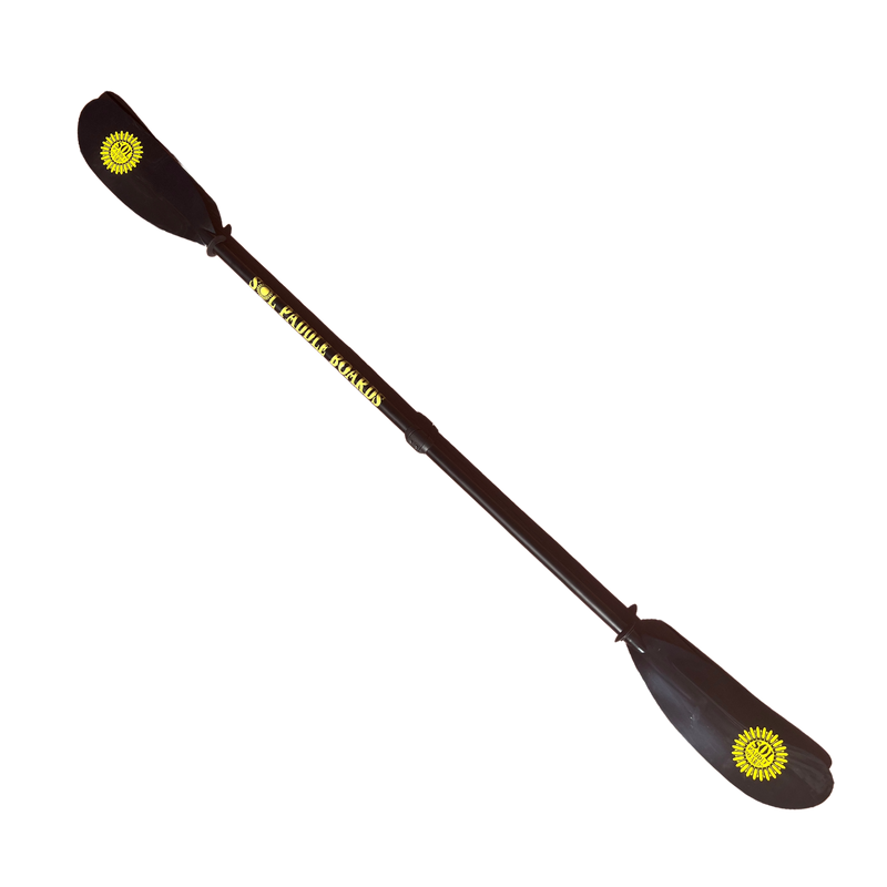 The SOL Paddle Boards SOL Sweep Kayak Paddle - 4 Piece is a black double-bladed paddle featuring yellow sun designs on each blade and text along the shaft, shown against a white background.