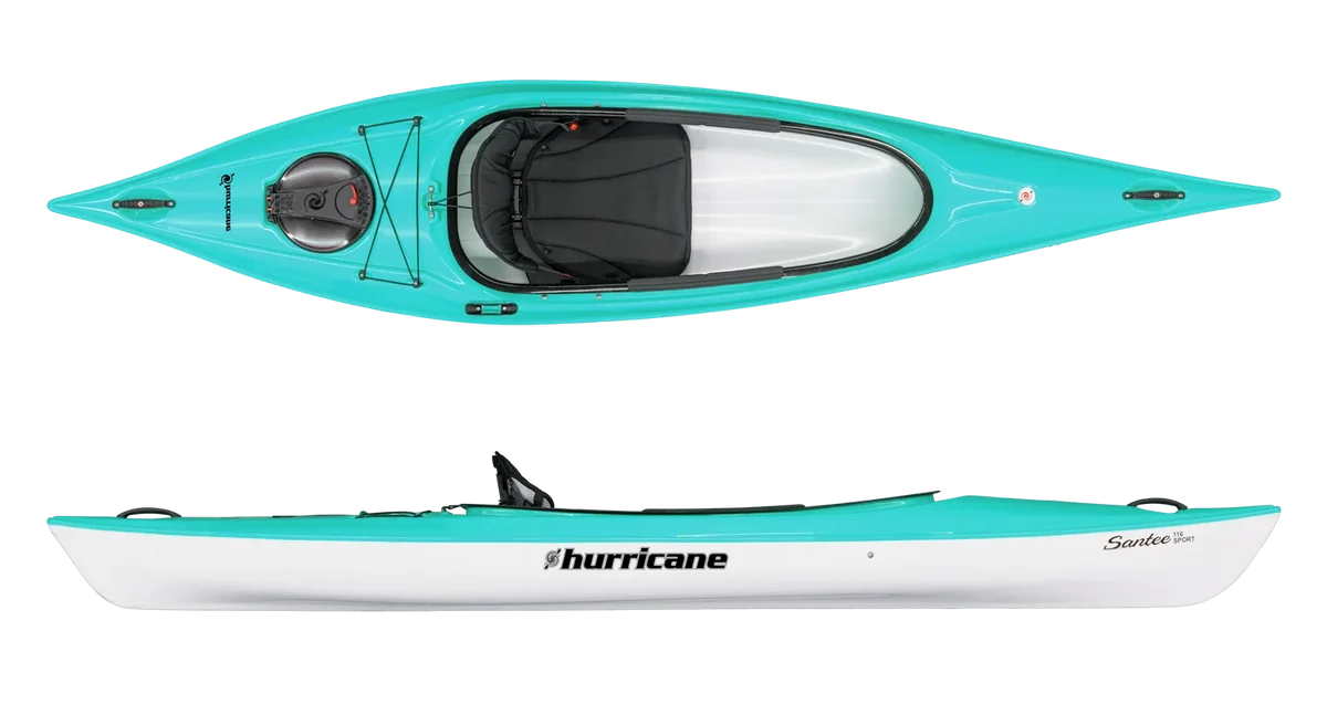 The Santee 116 from Hurricane Kayaks is a turquoise and white recreational kayak, shown in top and side views. It features a comfortable seat, storage hatch, "Hurricane" branding on the side, and is lightweight—ideal for easy paddling adventures.