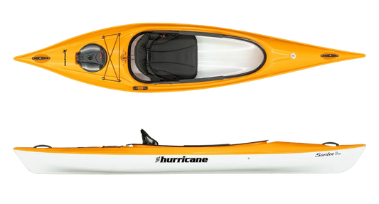 The top and side view of a yellow and white kayak, the "Santee 116" by Hurricane Kayaks, highlights its lightweight and sleek design. This recreational kayak has a comfortable black seat and footrests inside, ideal for leisurely paddling adventures.