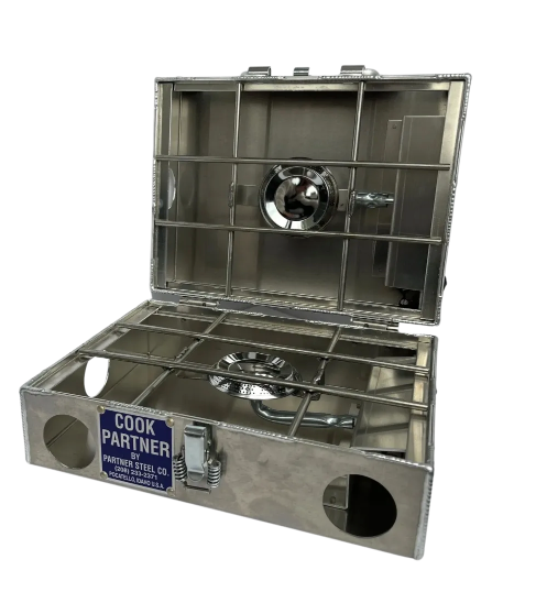 A Partner Steel 2-Burner 9-Inch Break Apart Stove with a lid.