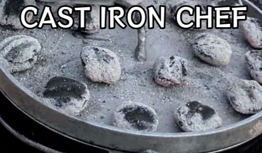 A 4CRS Cast Iron Chef Tasting Ticket features a cast iron pot covered in charcoal briquettes, promoting the "CAST IRON CHEF Competition Sunday April 20." Enjoy live music and exciting food tasting!.