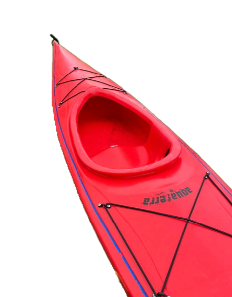 A close-up of the front section of the red Perception Umiak SM kayak by 4Corners Riversports, shown with black deck lines on a white background—ideal as a beginner kayak for small paddlers.