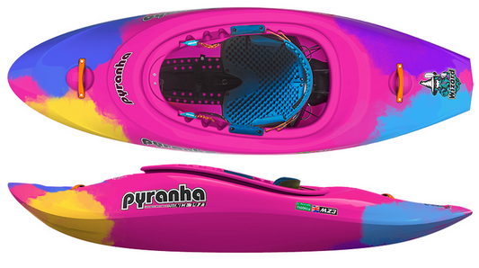 The Pyranha Wizard kayak, shown from top and side views in a vibrant mix of pink, blue, and yellow, is perfect for tackling river or ocean waves.