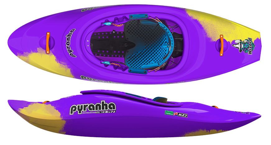 The Pyranha Wizard, shown in purple and yellow from top and side views, features branding logos and a contoured seat with footrests—perfect for riding river or ocean waves.