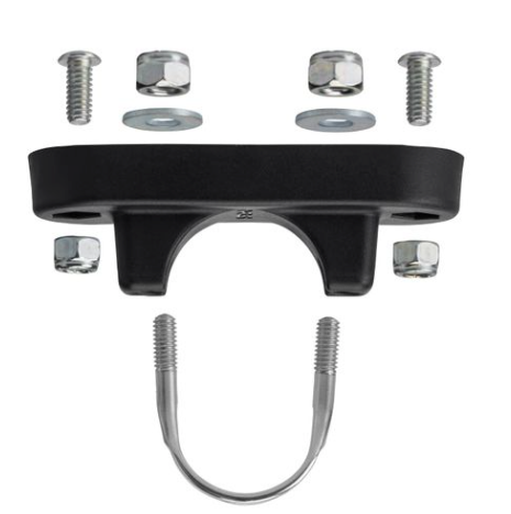 The NRS U-Bolt Saddle kit by NRS includes a black mounting bracket, nuts, washers, and screws—perfect for secure frame rigging attachment. Shown arranged on a white background.