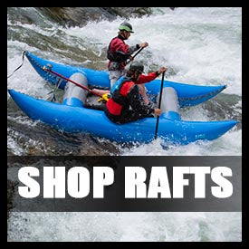 two people in a kayak on a river with the words shop rafts.