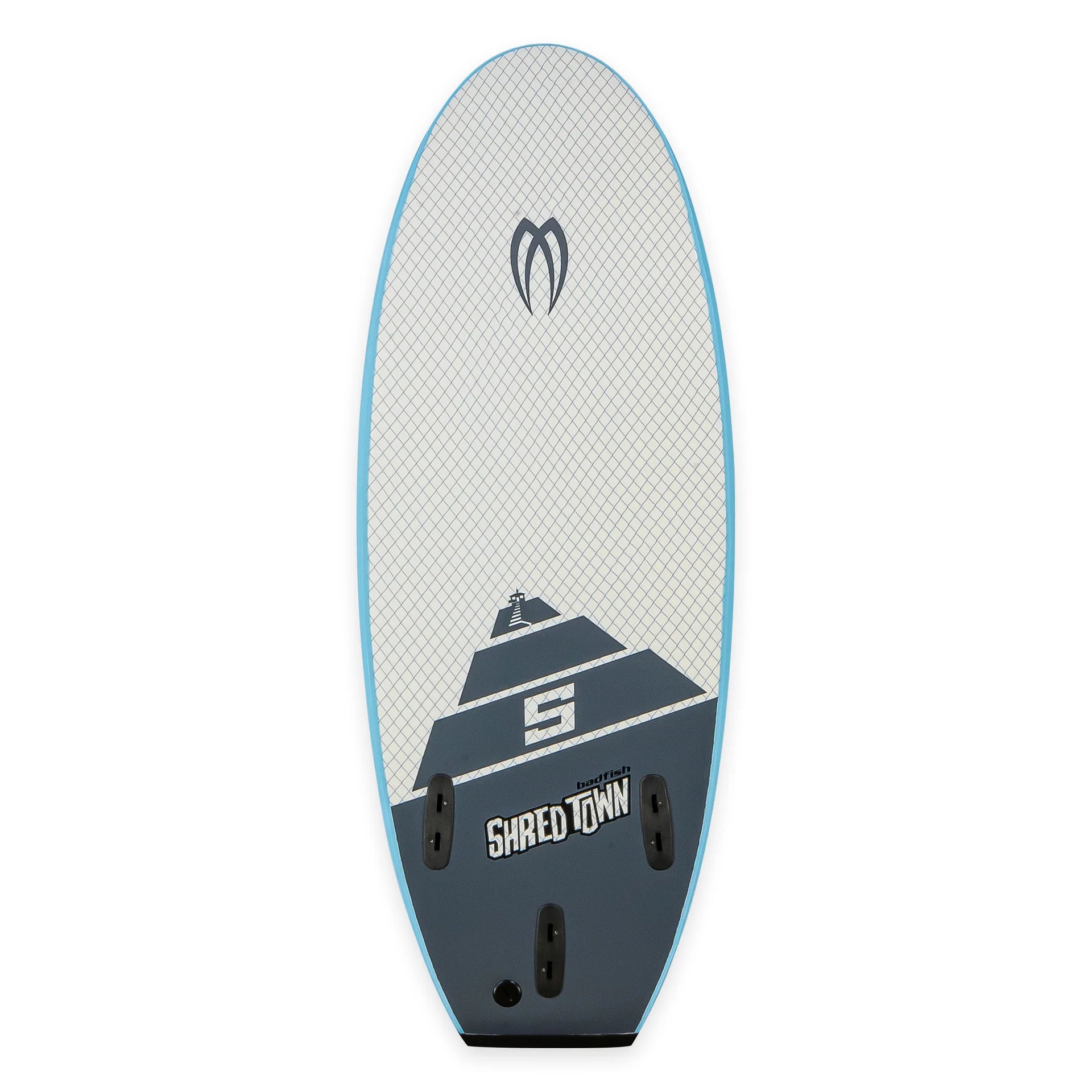 The Badfish ShredTown Surf Board is a gray and white foamy wakesurf board with blue edges, black fins, a square tail, the number 5, and "Shredtown" text—ideal for carving up river waves.