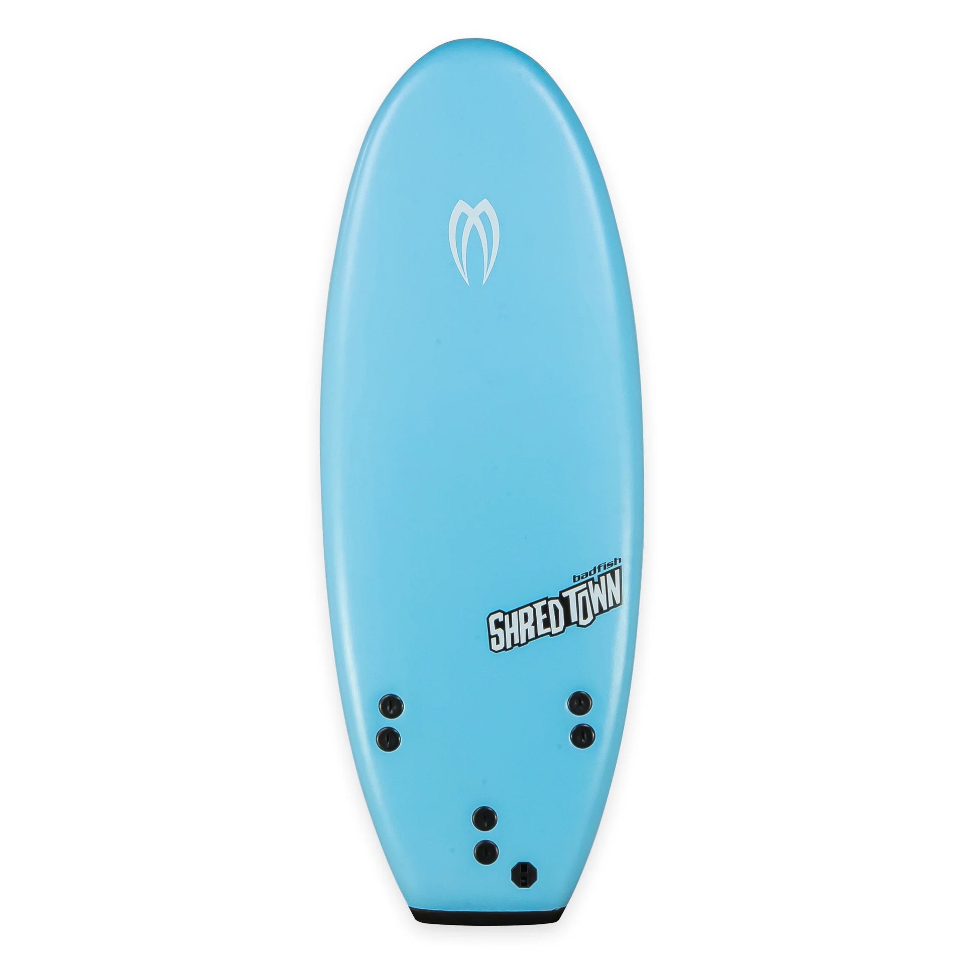 The Badfish ShredTown Surf Board is a blue river wave surfboard with six black fin slots and two logos on the top side.