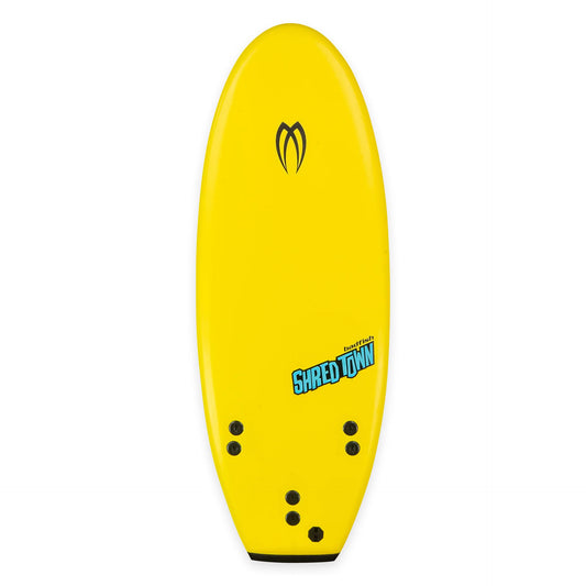 The Badfish ShredTown Surf Board is a bright yellow, high-performance foamy shortboard with a black logo, blue "Shred Town" sticker, five fin boxes, square tail, and black tail pad—perfect for river waves.