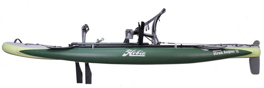 Side view of a green Hobie Mirage iTrek Angler 12 inflatable fishing kayak with MirageDrive 180 pedals, seat, rudder, and mounted accessories—a lightweight, portable kayak ideal for anglers.