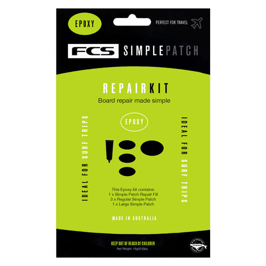 Front view of FCS Surfboard Repair Epoxy packaging, displaying board repair components and product details on a green and black background. Ideal for quick, easy epoxy surfboard repairs.