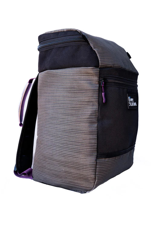 The Thwart Bag by River Station Gear is a gray and black mesh backpack with a front YKK zipper pocket, gear attachment points, side handle, and a "River Station" label on the front.