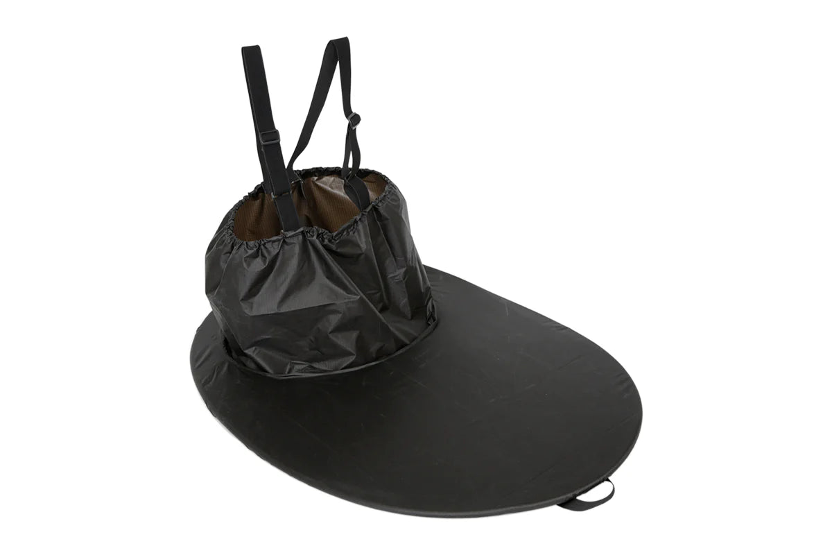 The Alpacka Ultra Light Spray Skirt is a black kayak spray skirt with adjustable shoulder straps and a large cockpit cover, designed for whitewater decked models to keep water out of your kayak's interior.