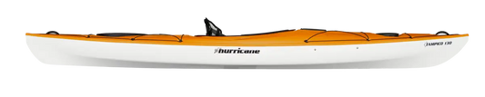 A side view of the orange and white Hurricane Kayaks' Tampico 130 reveals its lightweight design typical of a performance rec kayak.