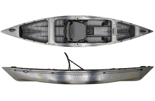 Top and side views of the Native Watercraft Ultimate FX 12 Solo, a gray Tunnel Hull fishing kayak featuring a seat, footrests, and mounting features.