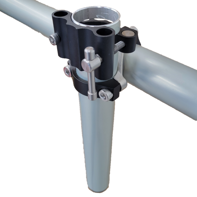 The Better Mounts Umbrella Holder secures three cylindrical umbrellas at different angles using a sturdy clamping mechanism with screws and bolts.