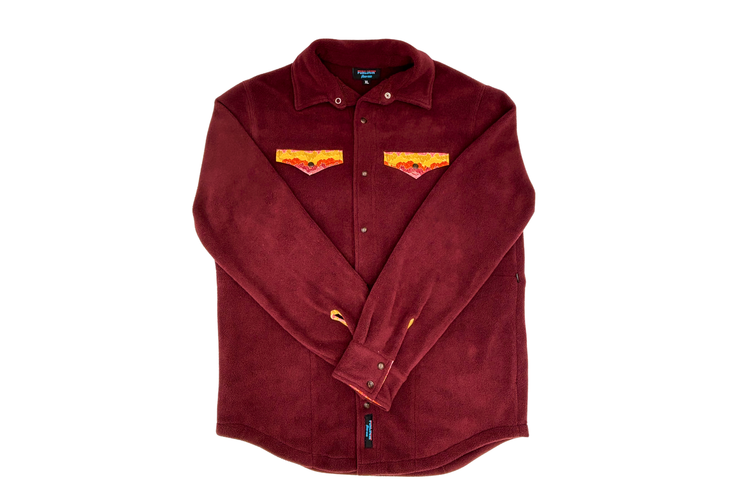 The FunLuvin' Fleecewear FunLuvin' Fleece Pear Snap W's is a maroon western fleece shirt with yellow and orange patterned chest pockets and cuffs, shown on a white background.