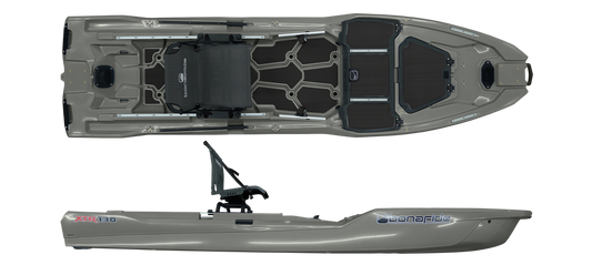 Top and side view of the Bonafide XTR130 gray fishing kayak featuring a raised adjustable seat, storage areas, modular motor compatibility, and Bonafide branding.