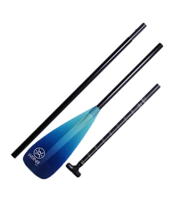 The Zen 95 Travel SUP Paddle by Werner Paddles is a blue and black three-piece set with gradient fiberglass blades, measurement markings, and an adjustable system for a precise fit. Its lightweight design ensures optimal performance.