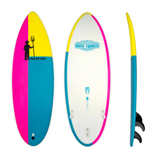 Three views of the Wave Farmer by Badfish: a top view with Badfish branding, a bottom featuring the Wave Farmer logo, and a side view showing its vibrant yellow, pink, and blue design for river surfing enthusiasts.