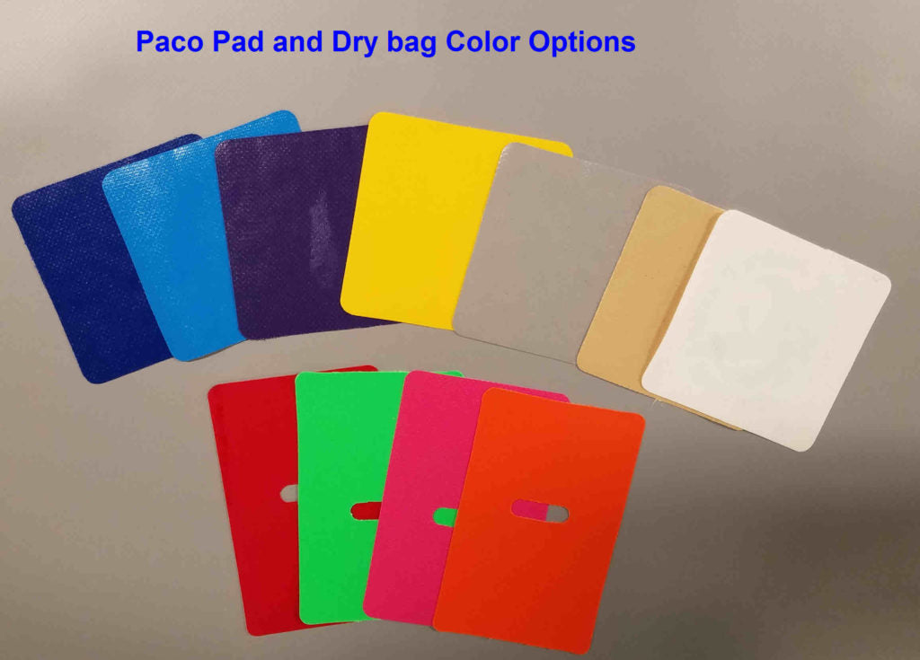Rectangular swatches in blue, purple, yellow, and more display color options for Jacks Plastic Welding’s Canoe Stow dry bags, made from PVC-coated polyester—perfect for canoe dry storage.