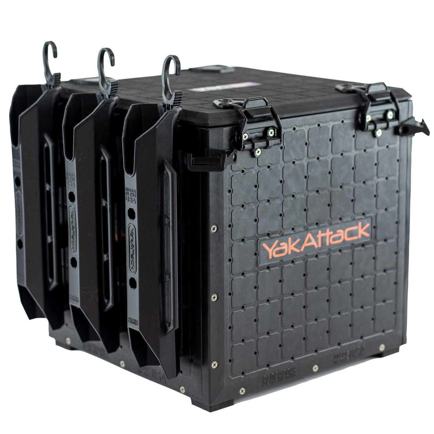 The YakAttack BlackPak Pro Kayak Fishing Crate includes four rod holders and two black latches, ideal for outdoor or kayak fishing use.