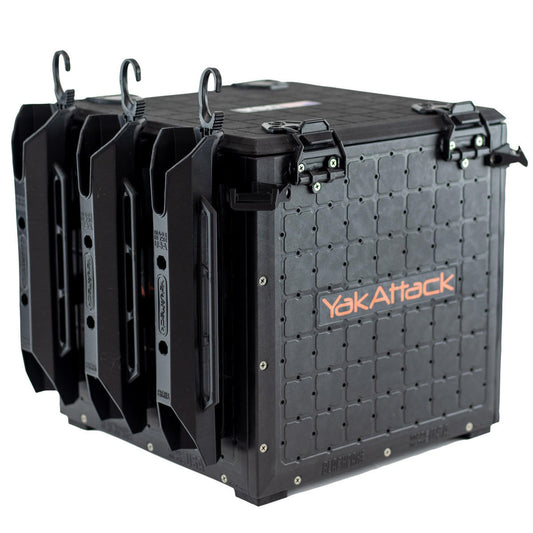 The YakAttack BlackPak Pro Kayak Fishing Crate includes four rod holders and two black latches, ideal for outdoor or kayak fishing use.