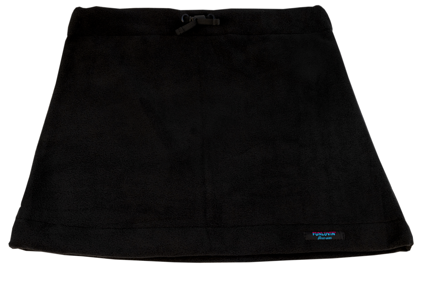 The FunLuvin' Fleece Skirt by FunLuvin' Fleecewear is a black skirt crafted with anti-pill fleece, featuring a comfy elastic waistband, complemented with a drawstring and adorned with a small multicolored logo tag at the bottom.
