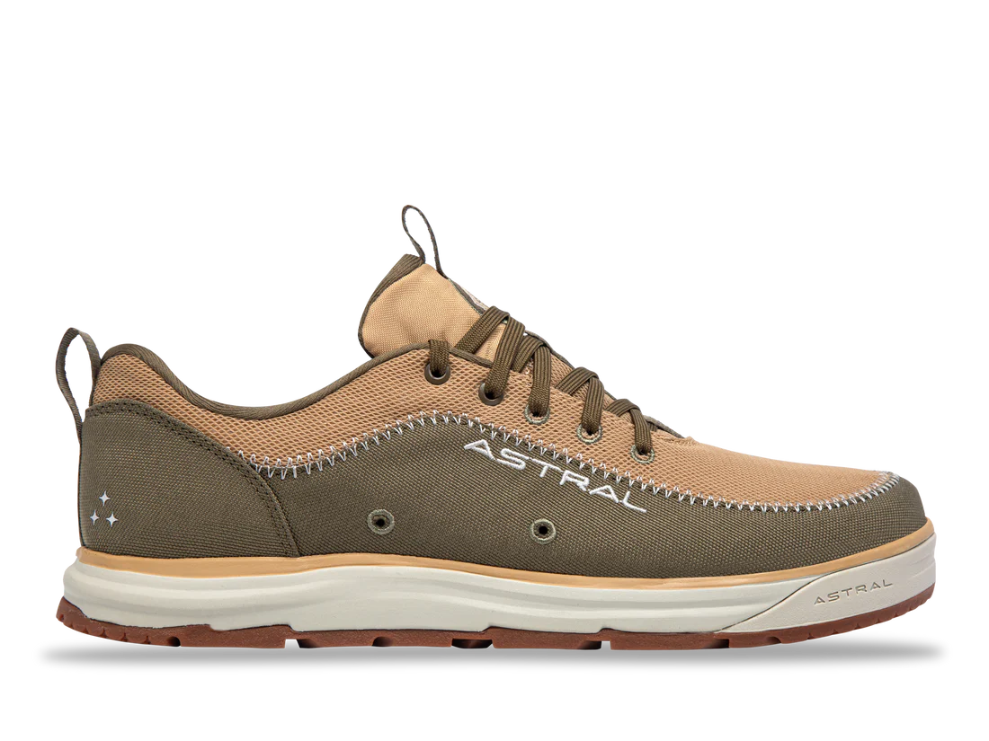 Side view of the "Brewer 3.0" by Astral in brown and tan, designed for kayakers with a hydrophobic canvas upper. It has laces, a back loop, and "Astral" on the side, sitting on a durable white and brown water-friendly sole.