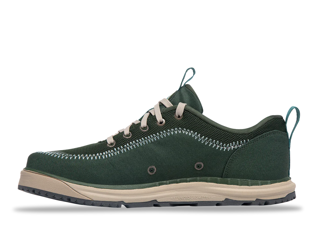 The Astral Brewer 3.0 is a green low-top sneaker made from hydrophobic canvas, featuring white stitching, beige laces, and a beige sole. Perfect for kayakers, it includes two metal side eyelets and a heel loop.