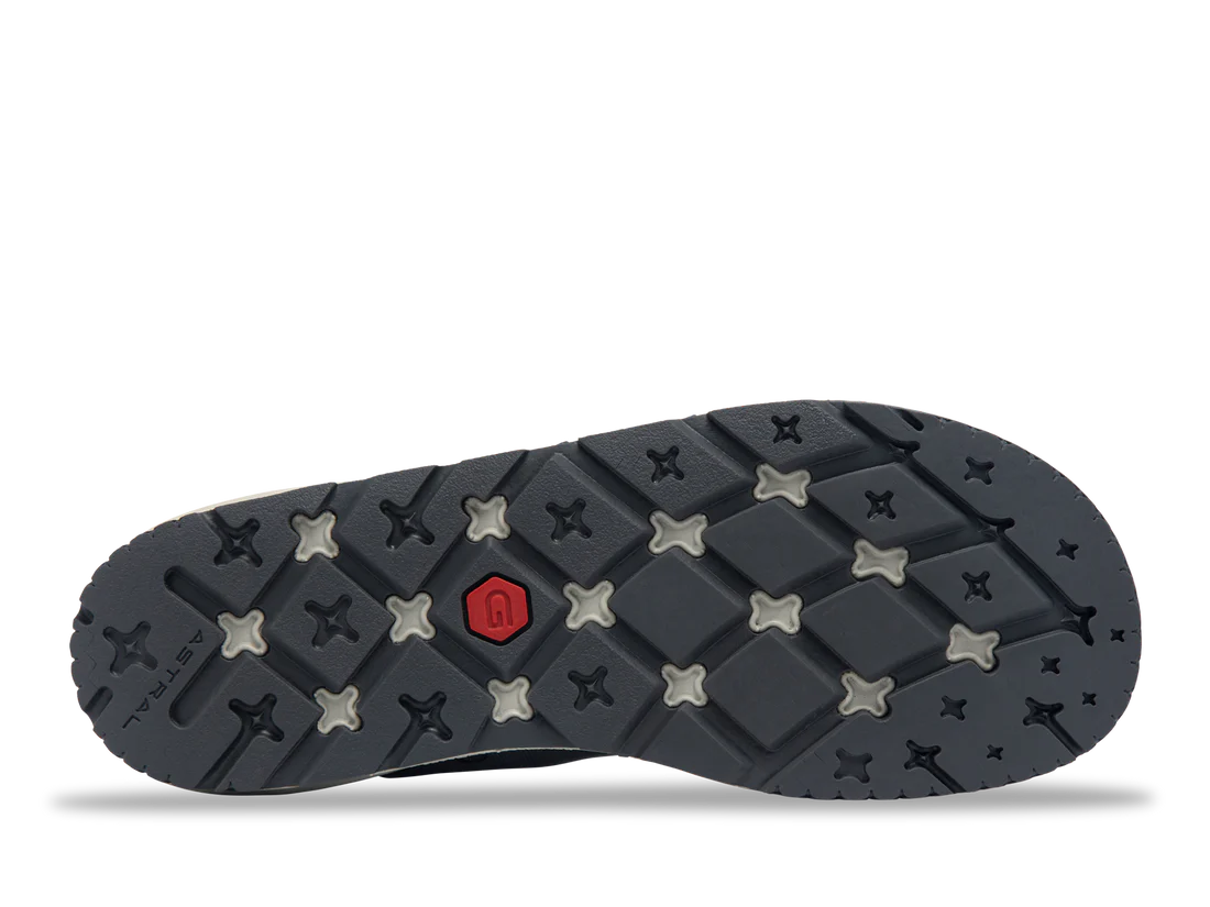 The Brewer 3.0 by Astral features a black water shoe sole with a rugged tread of hexagonal and star-shaped elements, ideal for kayakers. A red hexagon logo is centered, and its hydrophobic canvas ensures quick drying.