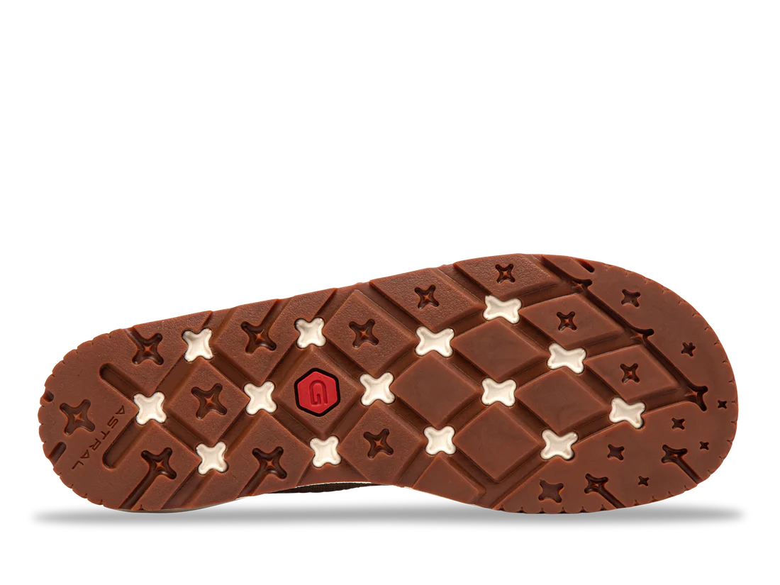 The Brewer 3.0 by Astral features a brown and tan geometric tread pattern with crosses and diamonds, perfect for kayakers. Made from hydrophobic canvas, it ensures quick-drying and provides reliable grip.