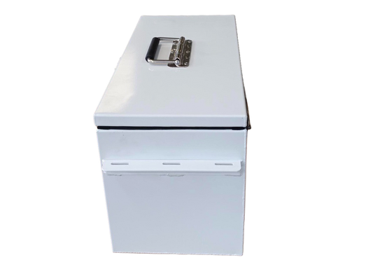 The Rio Craft Powder Coated Captain's Box is a rectangular white metal storage box with a handled lid, shown against a plain white background.