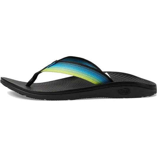 The Chaco Classic Flip - Men's is a black flip flop sandal with a textured sole and a blue-to-green gradient strap, featuring durable construction and comfortable arch support.