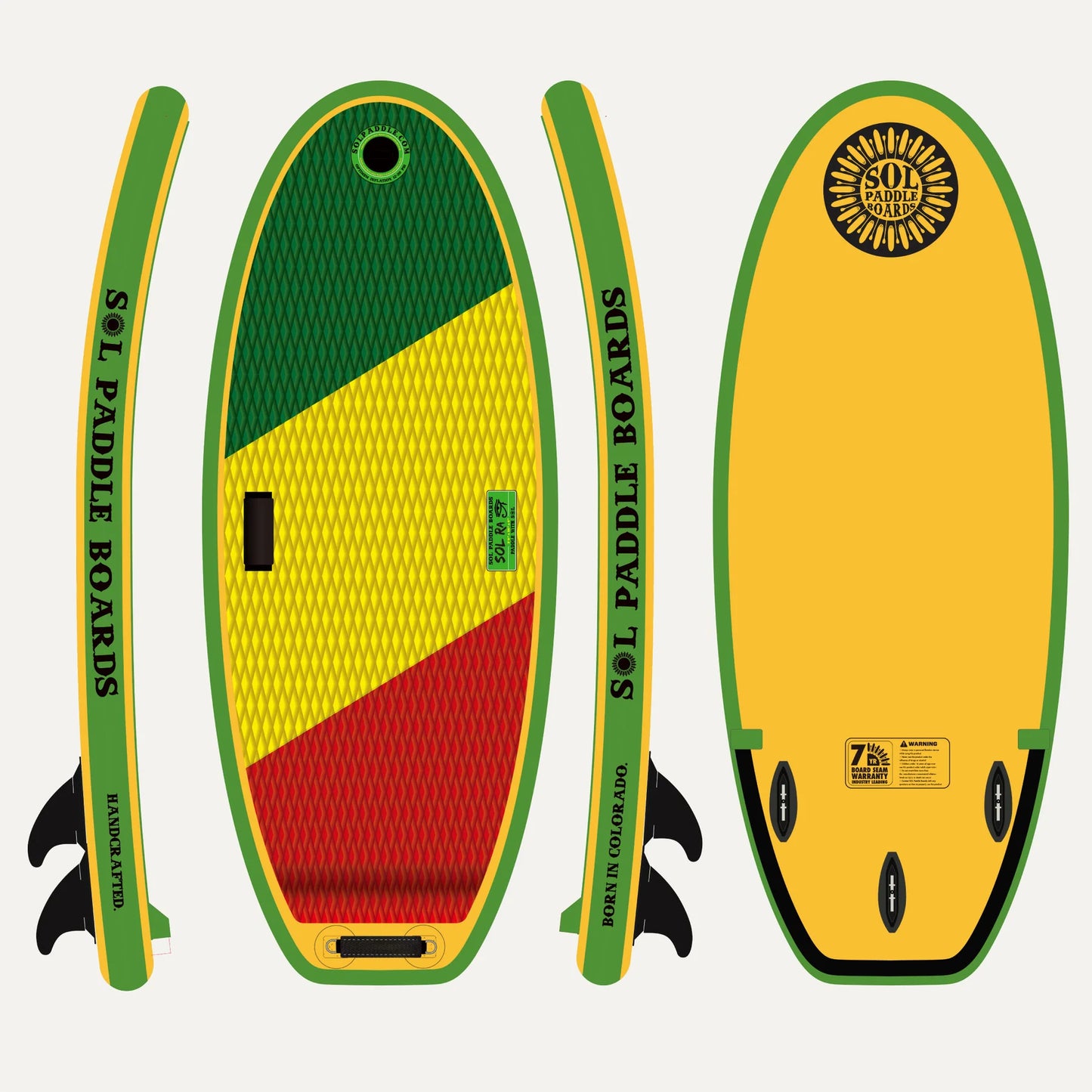 Illustration of the SOLra inflatable river surfboard with green, yellow, and red stripes and black fins. Labels show "SOL Paddle Boards" and "Paddle GonGola," marking it as ideal for river surfing enthusiasts.