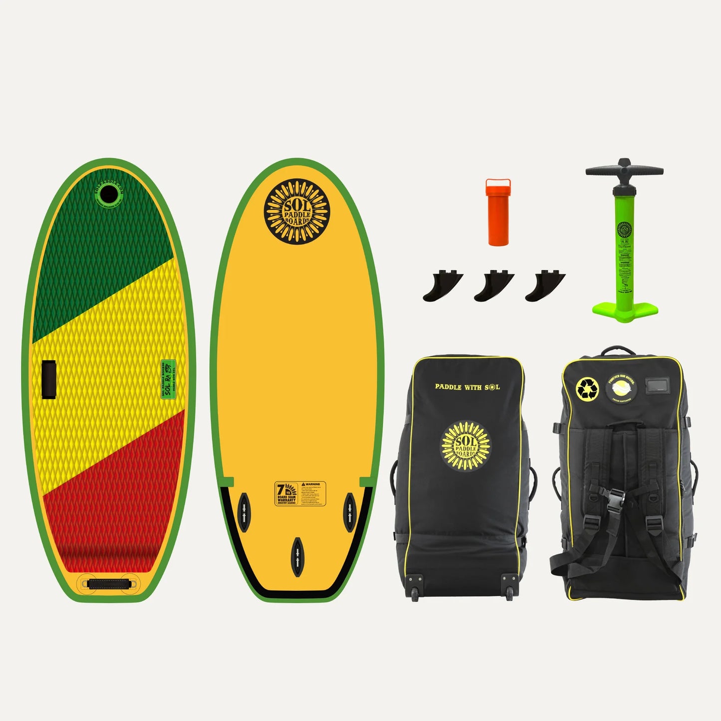 Explore the SOL Paddle Boards' SOLra Inflatable River Surfboard set, showcasing a board with green, yellow, and red stripes. Perfect for river surfing, it includes fins, a pump, a black and green backpack, and an orange case.
