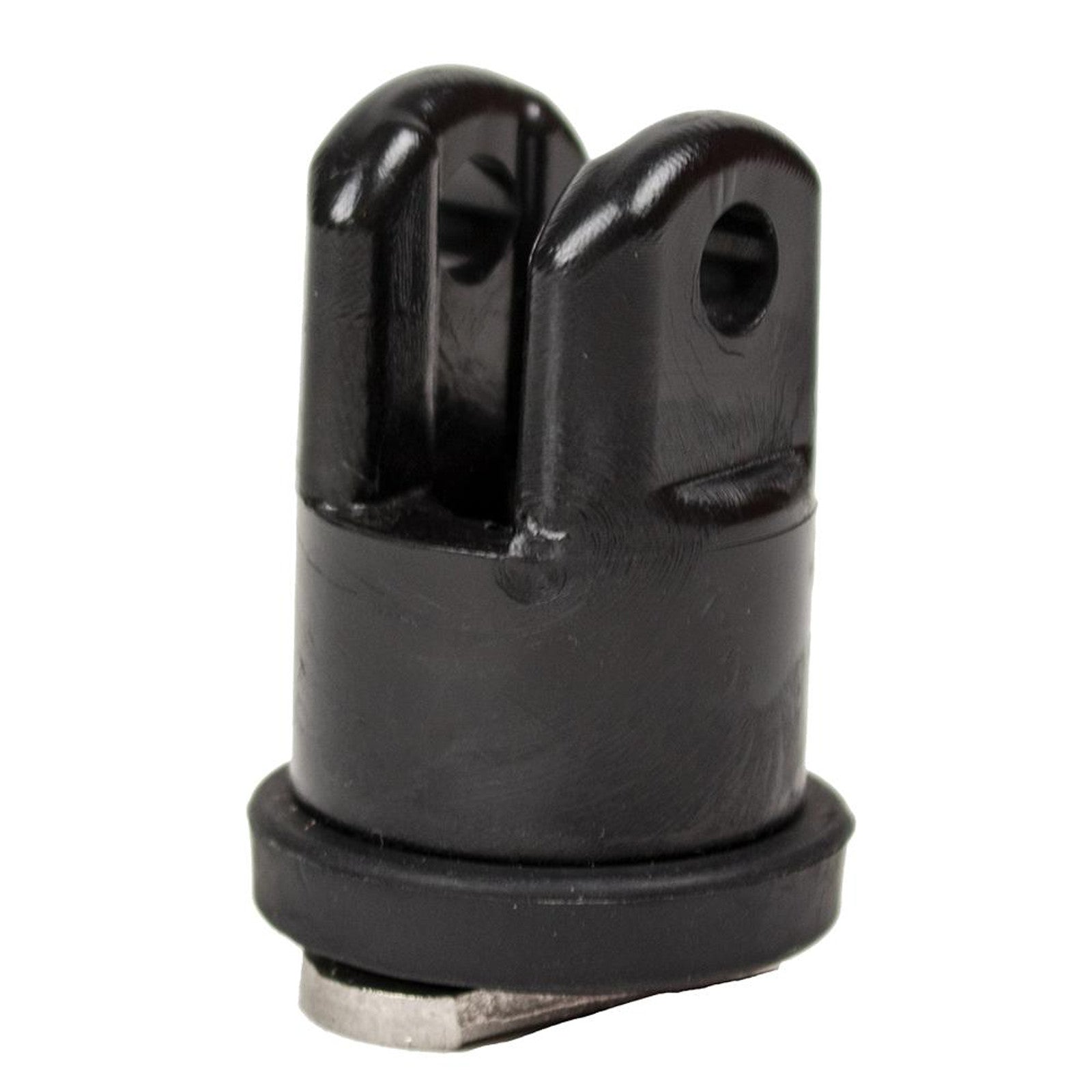 YakAttack CommandStand Track Mount Kit: black metal clevis yoke with two prongs and a round base, features pin holes; ideal as a GearTrac replacement kit or for secure kayak track adapter installations.