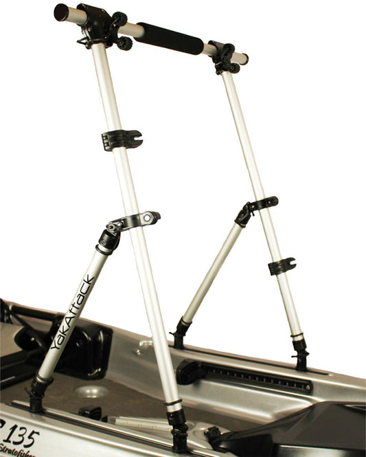 The YakAttack CommandStand Lean Bar features black grips and adjustable clamps, mounting on your kayak’s deck to provide a stable standup fishing station—an ideal accessory for anglers seeking added support.