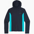 Introducing the Echo Hoodie - Men's by Outdoor Research: a dark long-sleeve hoody with turquoise side panels, crafted for moisture-wicking and sun protection. It's perfect for all your outdoor adventures.