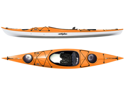 The Eddyline Rio 120, shown in orange and white from side and top views, features a black seat, bungee cords, and storage hatches—this lightweight recreational kayak is valued for its stability.