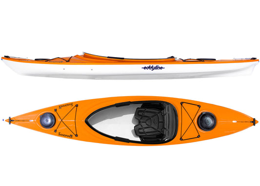 Top and side views of the Eddyline Sandpiper 120 kayak in orange and white, showcasing its spacious cockpit, comfortable seat, two hatches, and deck rigging.