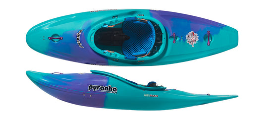 Top and side views of a blue and purple Pyranha Firecracker play kayak, featuring the cockpit, seat, Elite Outfitting System, and Pyranha logos.