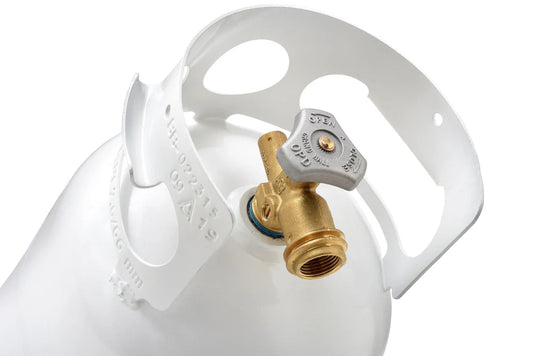 Close-up of the Flame King 5lbs Propane Tank with a brass OPD valve and protective metal collar, angled against a white background.