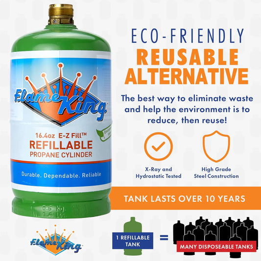The Flame King Refillable 1LB Propane Canister is shown in green, labeled as an eco-friendly, reusable alternative to disposable tanks, revolutionizing sustainability.