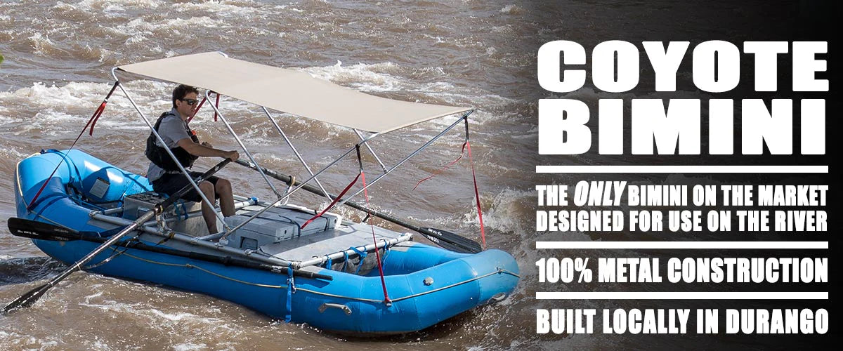 Coyote Raft Bimini shown on a raft with person rowing.