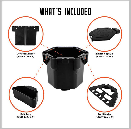 Image showing what's included with the YakAttack MultiMount PRO Cup Holder: vertical divider, splash cap lid, bait tray, tool holder, and central storage container—all in black with product codes—ideal for kayak angling.