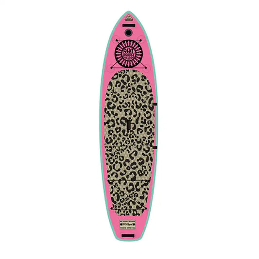 The SOL Paddle Boards SOLlynx Galaxy Inflatable Paddle Board features a limited edition pink color, leopard print deck pad, turquoise trim, and sun graphic—available as part of the exclusive SOLlynx package.