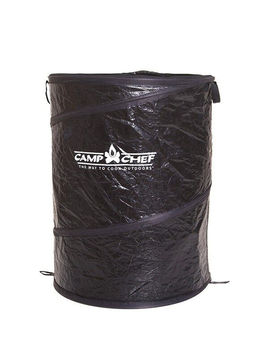 A Camp Chef collapsible garbage can with a lid on it.