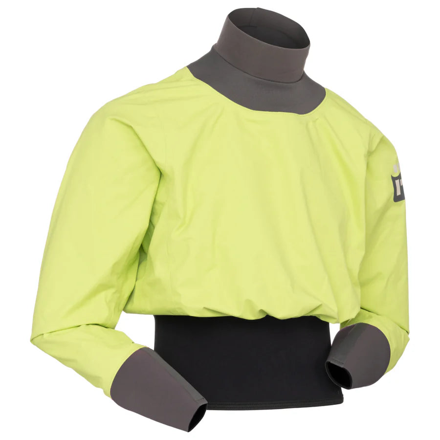 A bright yellow lightweight Nano Long Sleeve Paddle Jacket by Immersion Research with gray cuffs, a neoprene neck seal, and a black waistband.